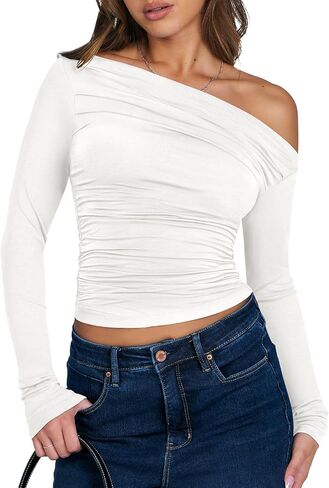 ANRABESS Womens Off Shoulder Long Sleeve Shirts Slim Fitted Sexy Tight Going Out Crop Tops Blouses Y2K Outfits 2024 Trendy in Saudi Arabia