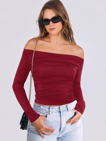 ANRABESS Womens Off Shoulder Long Sleeve Shirts Slim Fitted Sexy Tight Going Out Crop Tops Blouses Y2K Outfits 2024 Trendy in Saudi Arabia