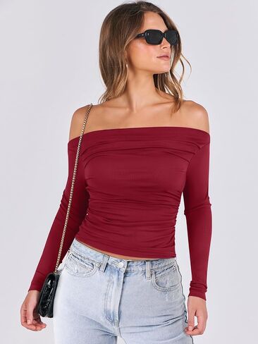 ANRABESS Womens Off Shoulder Long Sleeve Shirts Slim Fitted Sexy Tight Going Out Crop Tops Blouses Y2K Outfits 2024 Trendy in Saudi Arabia