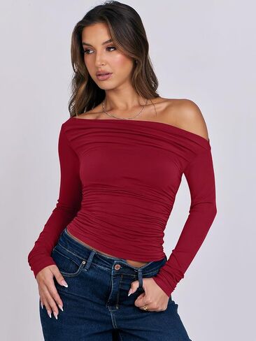 ANRABESS Womens Off Shoulder Long Sleeve Shirts Slim Fitted Sexy Tight Going Out Crop Tops Blouses Y2K Outfits 2024 Trendy in Saudi Arabia