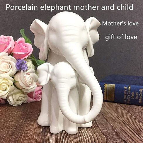 Anding Home Decoration White Porcelain Mother and Baby Elephant Statue/Figurine in High Gloss Finish in Kuwait