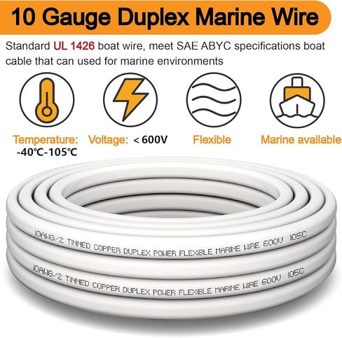 10 Gauge Duplex Marine Wire Tinned Copper Boat Wire,20FT 10/2 AWG Standard USA OFC Oxygen Free Copper Wire with 4 PCS 40A Fuse Holder,Lugs Terminal Connectors and 3 :1 Heat Shrink Tube in Saudi Arabia