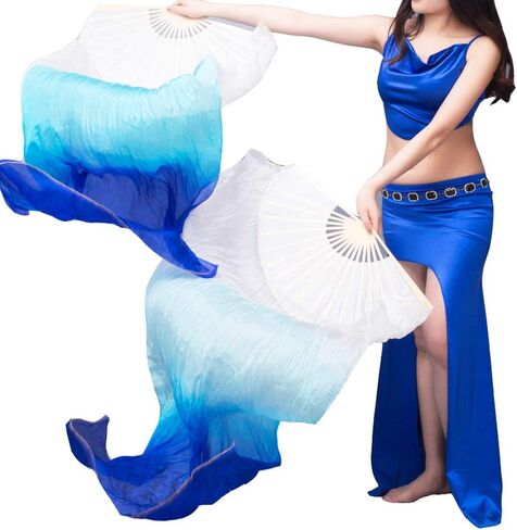 100% Real Silk Chinese Belly Dance Fan Veil Hand Made White Turquoise Blue 3 Sizes (1.2m) in Saudi Arabia