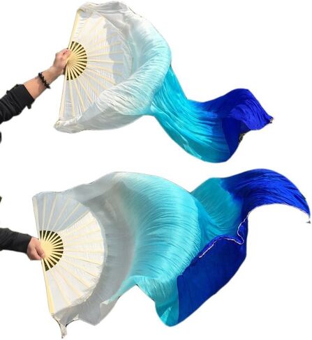 100% Real Silk Chinese Belly Dance Fan Veil Hand Made White Turquoise Blue 3 Sizes (1.2m) in Saudi Arabia
