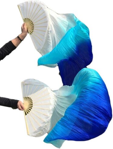 100% Real Silk Chinese Belly Dance Fan Veil Hand Made White Turquoise Blue 3 Sizes (1.2m) in Saudi Arabia