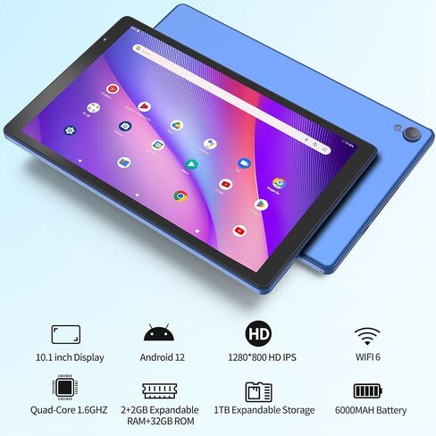 تابلت أندرويد 10 بوصة، كمبيوتر لوحي أندرويد 12 مع 4 جيجابايت (2+2 جيجابايت توسيع) ذاكرة الوصول العشوائي 32 جيجابايت، معالج 1.6 جيجا هرتز، بطارية 6000 مللي أمبير، 1280 * 800 IPS، مكبر صوت مزدوج، كاميرات مزدوجة، النوع C (أزرق) in Kuwait