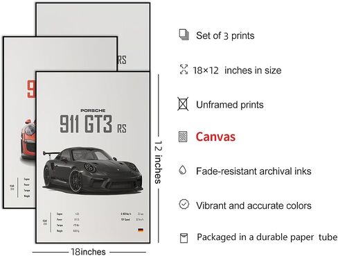 VejiA Car Poster Canvas Wall Art 911 GT Turbo Posters For Men Bedroom Aesthetics Decor (12x18, Unframed 01) in Saudi Arabia