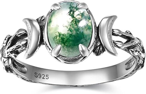حلقات القمر الثلاثية 925 من الفضة الاسترليني حلقات مرحلة القمر للنساء بيضاوية حجر القمر/الفيروز البط البري/العقيق الطحلب مرصع بأحجار كريمة غربية بوهو خاتم مجوهرات فضية مؤكسدة هدية للنساء مقاس 5-9 in Kuwait