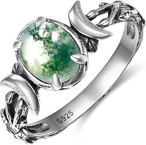 حلقات القمر الثلاثية 925 من الفضة الاسترليني حلقات مرحلة القمر للنساء بيضاوية حجر القمر/الفيروز البط البري/العقيق الطحلب مرصع بأحجار كريمة غربية بوهو خاتم مجوهرات فضية مؤكسدة هدية للنساء مقاس 5-9 in Kuwait
