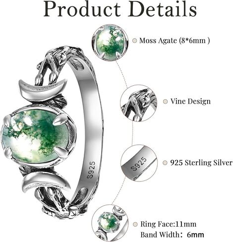 حلقات القمر الثلاثية 925 من الفضة الاسترليني حلقات مرحلة القمر للنساء بيضاوية حجر القمر/الفيروز البط البري/العقيق الطحلب مرصع بأحجار كريمة غربية بوهو خاتم مجوهرات فضية مؤكسدة هدية للنساء مقاس 5-9 in Kuwait