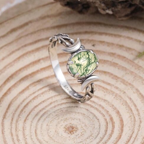 حلقات القمر الثلاثية 925 من الفضة الاسترليني حلقات مرحلة القمر للنساء بيضاوية حجر القمر/الفيروز البط البري/العقيق الطحلب مرصع بأحجار كريمة غربية بوهو خاتم مجوهرات فضية مؤكسدة هدية للنساء مقاس 5-9 in Kuwait