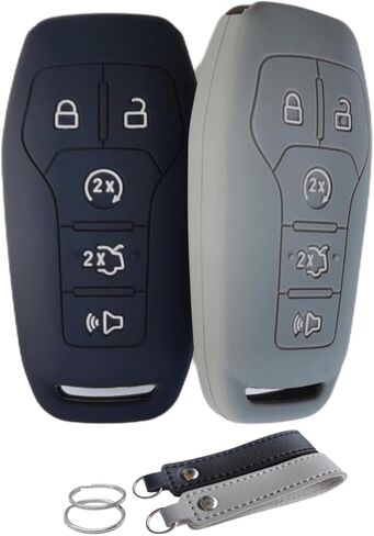 Silicone Key Fob Cover Remote Keyless Case Protector Compatible with Ford Edge Explorer F-150 F-250 Super Duty F-350 Super Duty Fusion Mustang Lincoln MKX 2013-2018 - 5 Buttons (Black + Grey) in Kuwait