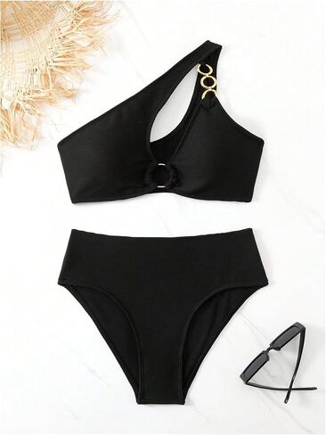 MakeMeChic Women's 2 Piece High Waisted Bikini Set Cut Out One Shoulder Ring Bathing Suit Swimsuit in Saudi Arabia