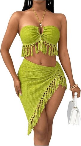 SHENHE Women's 2 Piece Textured Halter Fringe Tie Back Crop Top with Sarong Cover Up Sexy Bathing Suit in Saudi Arabia