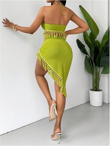 SHENHE Women's 2 Piece Textured Halter Fringe Tie Back Crop Top with Sarong Cover Up Sexy Bathing Suit in Saudi Arabia