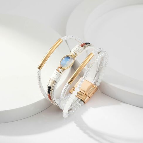 Leather Wrap Bracelet for Women Boho Style Braided Bracelets Multi Layered Cuff Bangles Bracelet Crystal Bead Bracelet Trendy Bracelets Jewelry Gifts for Women Girls in Saudi Arabia
