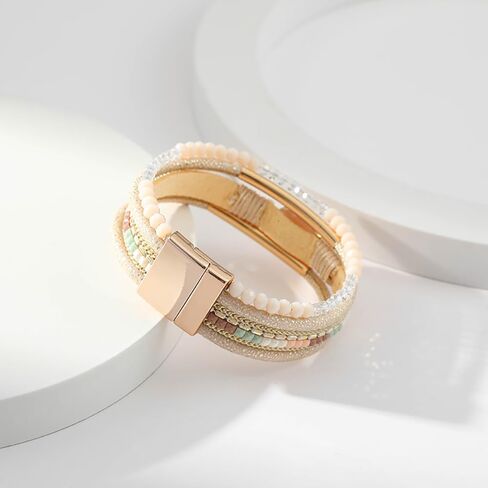 Leather Wrap Bracelet for Women Boho Style Braided Bracelets Multi Layered Cuff Bangles Bracelet Crystal Bead Bracelet Trendy Bracelets Jewelry Gifts for Women Girls in Saudi Arabia
