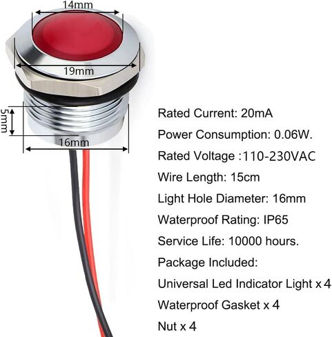 4pcs 110V 20mA Energy Saving Indicator Metal Indicator Lamp Waterproof Signal Lamp Hole Size 16mm Red LED (Spherical Surface Head) in Saudi Arabia