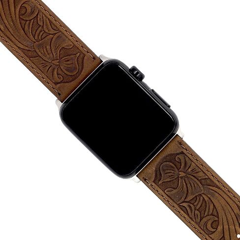 for Apple Watch Band 45mm 44mm 42mm 41mm 40mm 38mm, Carved Handmade Bump Retro Genuine Leather Flower Replacement Strap for Men Women Brown Bracelet for Iwatch Series 7 6 5 SE 4 3 2 1 in Saudi Arabia
