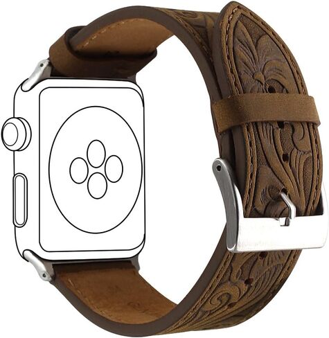 for Apple Watch Band 45mm 44mm 42mm 41mm 40mm 38mm, Carved Handmade Bump Retro Genuine Leather Flower Replacement Strap for Men Women Brown Bracelet for Iwatch Series 7 6 5 SE 4 3 2 1 in Saudi Arabia