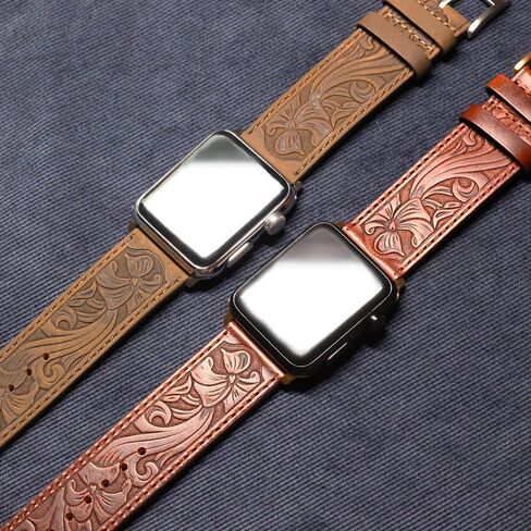for Apple Watch Band 45mm 44mm 42mm 41mm 40mm 38mm, Carved Handmade Bump Retro Genuine Leather Flower Replacement Strap for Men Women Brown Bracelet for Iwatch Series 7 6 5 SE 4 3 2 1 in Saudi Arabia