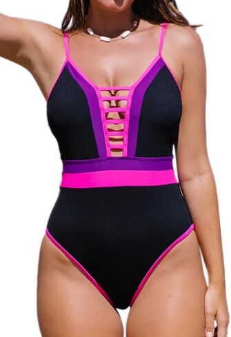Hilinker Women's One Piece Swimsuit Floral Print V Neck High Waisted Bathing in Saudi Arabia