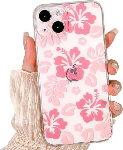 Compatible for iPhone 13 Case Cute Clear Hibiscus Flower Floral Aesthetic Printed Design for Girls Women Soft TPU Shockproof Protective Girly for iPhone 13-Pink in Saudi Arabia