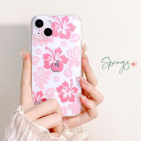 Compatible for iPhone 13 Case Cute Clear Hibiscus Flower Floral Aesthetic Printed Design for Girls Women Soft TPU Shockproof Protective Girly for iPhone 13-Pink in Saudi Arabia