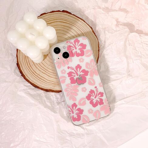 Compatible for iPhone 13 Case Cute Clear Hibiscus Flower Floral Aesthetic Printed Design for Girls Women Soft TPU Shockproof Protective Girly for iPhone 13-Pink in Saudi Arabia