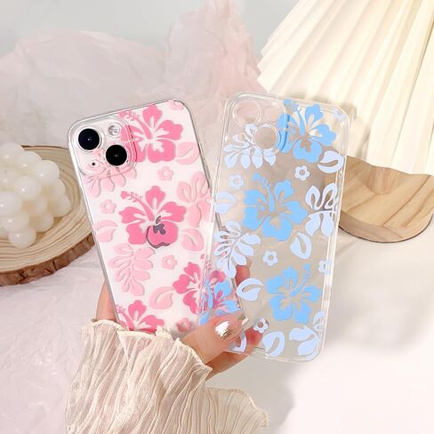 Compatible for iPhone 13 Case Cute Clear Hibiscus Flower Floral Aesthetic Printed Design for Girls Women Soft TPU Shockproof Protective Girly for iPhone 13-Pink in Saudi Arabia