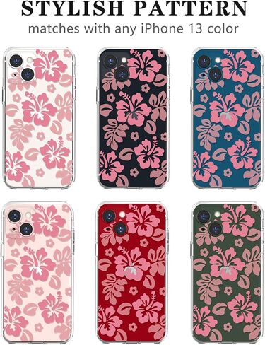 Compatible for iPhone 13 Case Cute Clear Hibiscus Flower Floral Aesthetic Printed Design for Girls Women Soft TPU Shockproof Protective Girly for iPhone 13-Pink in Saudi Arabia