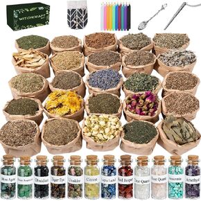 JUSTASHOW 61PCS Witchcraft Supplies for Wiccan Spells, Witchcraft Starter Kit, Spell Candles Crystals Dried Herbs Magic Wand Necklace, Versatile Tools Gifts for Beginner Experienced Witch in Saudi Arabia