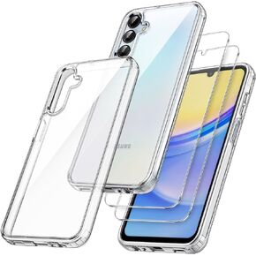 حافظة JETech 3 في 1 لهاتف Samsung Galaxy A15 5G / 4G 6.5 بوصة، مع واقي شاشة من قطعتين، طبقة من الزجاج المقسى، غطاء واقٍ للهاتف مقاوم للصدمات ظهر شفاف (شفاف)
