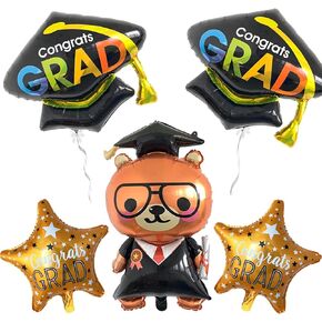 5 Pieces Graduation Balloons Set, Includes Giant 36 Inch Foil Bear Balloon, Grad Cap Balloons and 'Congrats GRAD' Star Balloons for Preschool and Kindergarten Graduation Class Of 2024 Party Supplies