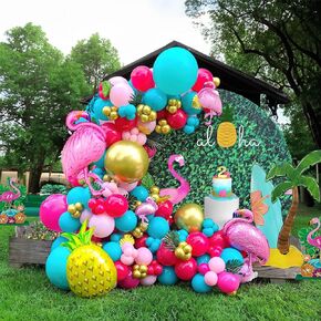 Tropical flamingo balloon garland arch kit 145Pcs Hot Pink magenta teal gold balloons mylar pineapple balloons Palm leaves for Summer Aloha luau birthday hawaiian baby shower decorations