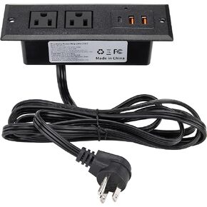 Recessed Power Strip with USB-C Ports, Fast Charging 2 USB A Port Desk Outlet, with 6 FT 45 Degree Flat Plug Extension Cord 2 AC Outlet for Home Office Dorm Essentials (Black)