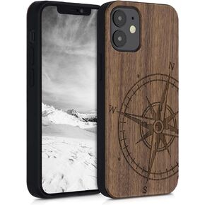 kwmobile Wood Case Compatible with Apple iPhone 12 Mini Case - Cover - Vintage Anchor Dark Brown
