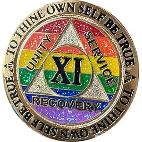 11 Year AA Medallion Reflex Rainbow Glitter and Gold Plated Sobriety Chip XI