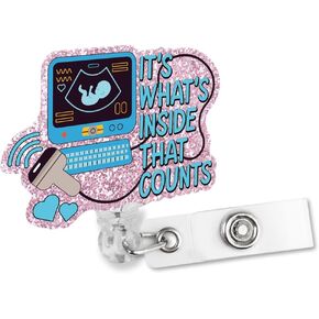 It's What's Inside That Counts Retractable Glitter Badge Reel with Alligator Clip, Funny Ultrasound Badge Holder Gift for L&D RN OB Midwife Maternity Doctor Nurse Obstetrics, Sonographer Gift