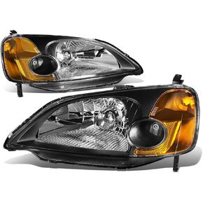 DNA Motoring HL-OH-HC01-BK-AM Black Amber Headlights Replacement Compatible with 01-03 Honda Civic