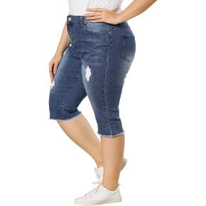 Agnes Orinda Plus Size Jeans for Women 2023 Summer Ripped Slash Pocket Raw Hem Jean Jeggings Denim Capri