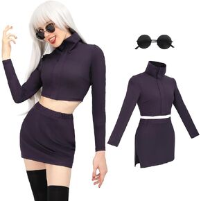 DAZCOS Satoru Cosplay JJK Womens Costume US Size Female Set Bodycon Crop Shirt and Skirt with Glasses