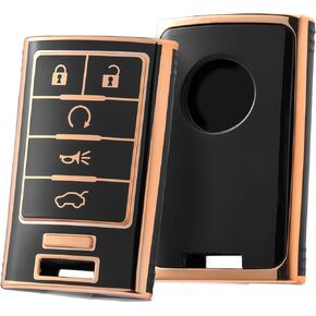 ELOHEI for Cadillac Key Fob Cover, Premium Soft Full Protection Key Fob Case Compatible with 2008-2015 Cadillac Escalade ATS CTS DTS SRX STS Key Shell Accessories (Gold Edge Black)