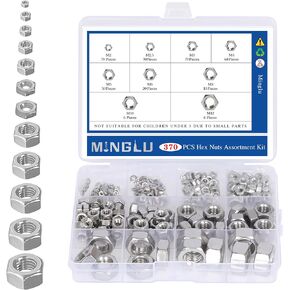 Minglu 370 قطعة مجموعة متنوعة من المكسرات السداسية، M2 M2.5 M3 M4 M5 M6 M8 M10 M12 مجموعات صواميل الأجهزة، 304 مجموعة صواميل متنوعة من الفولاذ المقاوم للصدأ in Kuwait