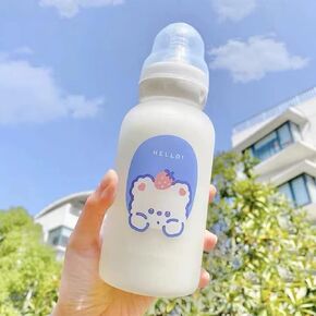 Strawberry Bear Glass Water Bottle with Nipple Sippy 11oz Kawaii Water Bottle for Teen Girls Adults Toddler School Sports Office Cute Frosted Borosilicate Drinking Bottle Portable Water Jug (A)