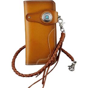 Men Turquoise Concho Leather Long Handmade Biker Wallet W/Braid Leather Chain