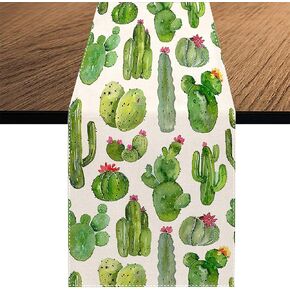 Watercolor Cacti Table Runner, Seasonal Summer Green Cactus Holiday Kitchen Dining Table Decoration for Home Party Decor 13 x 70 Inch