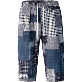 Men's Harem Yoga Shorts Cotton Capri 3/4 Pants Patchwork Casual Baggy Beach Shorts Drawstring Cropped Trousers