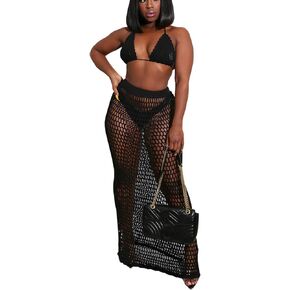 Bluewolfsea Women Sexy Beach Coverups Summer 2 Piece Outfits Crochet Mesh Fishnet Bikini Top and Maxi Skirt Set