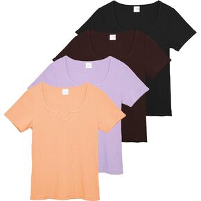 Real Essentials 4 Pack: Women's Soft Ribbed Knit Split Neck T-Shirt - Casual Office Summer Top (Available in Plus)
